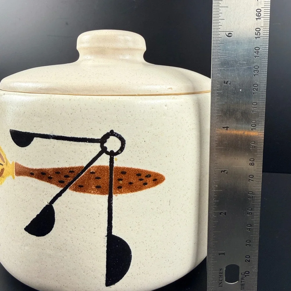 West Bend Stoneware Bean Pot MCM Fork & Spoon Pattern Crock with Lid